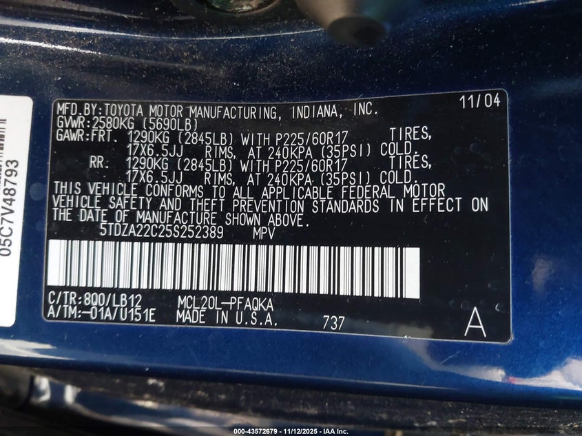 5TDZA22C25S252389 2005 TOYOTA SIENNA photo no. 9
