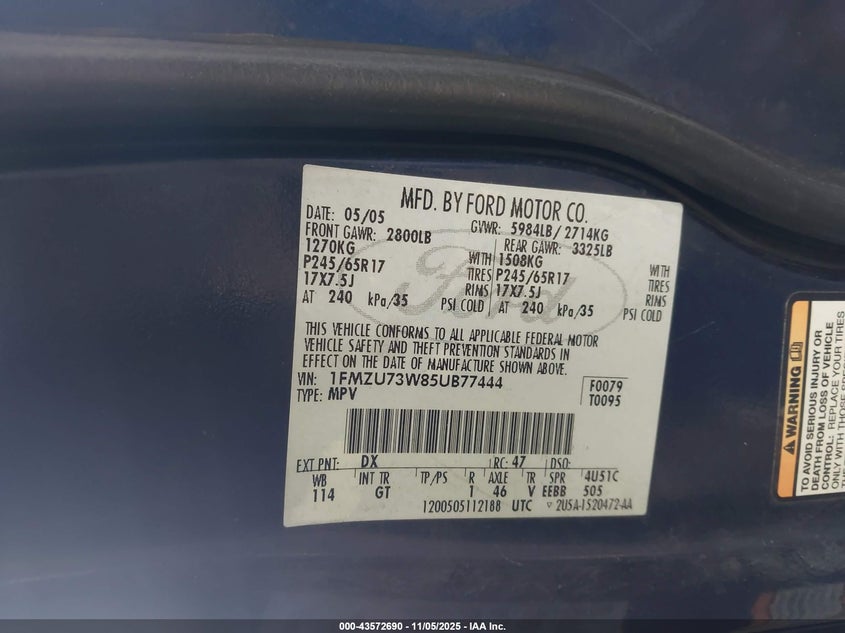 1FMZU73W85UB77444 2005 FORD EXPLORER photo no. 9