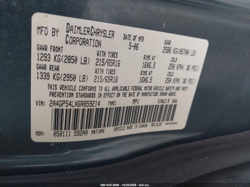 2006 Chrysler Town & Country Touring VIN: 2A4GP54LX6R859214 Lot: 43572696