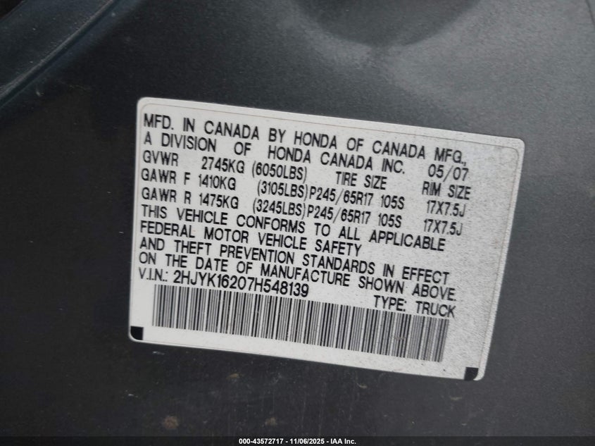 2007 Honda Ridgeline Rt VIN: 2HJYK16207H548139 Lot: 43572717