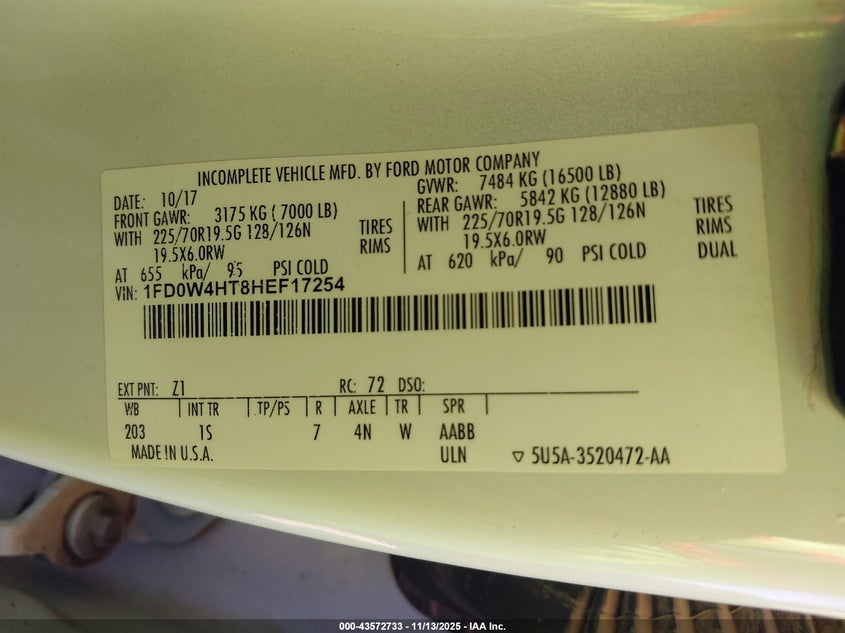 2017 Ford F-450 Chassis Xl VIN: 1FD0W4HT8HEF17254 Lot: 43572733