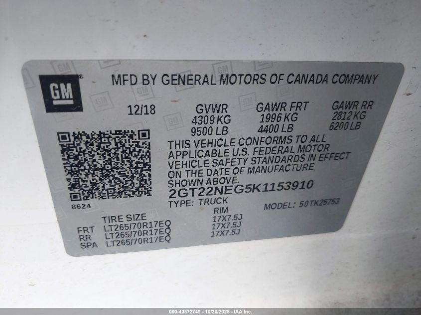 2019 GMC Sierra 2500Hd VIN: 2GT22NEG5K1153910 Lot: 43572749