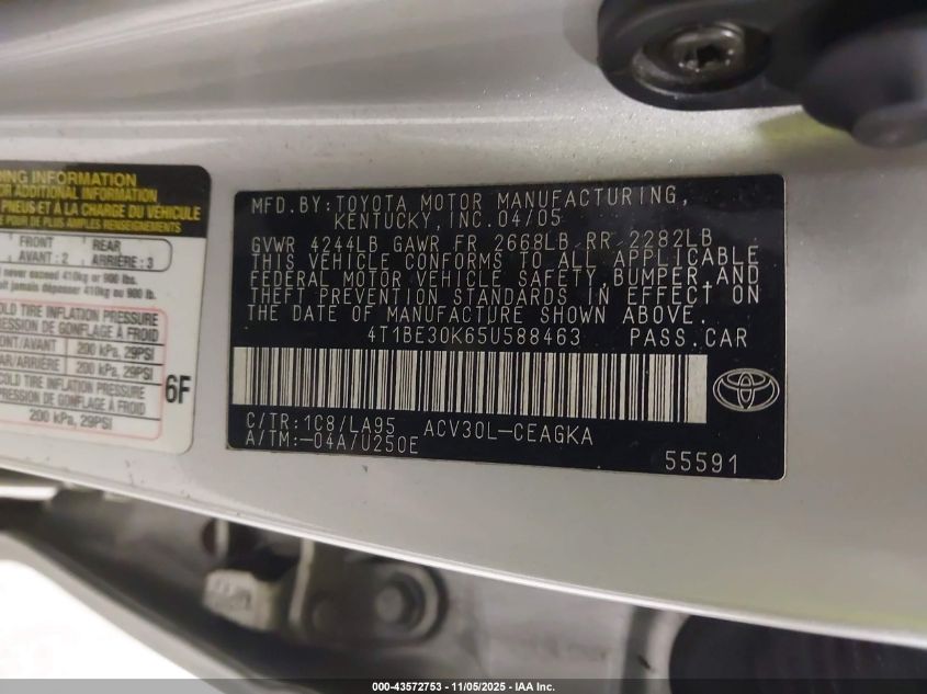 2005 Toyota Camry Xle VIN: 4T1BE30K65U588463 Lot: 43572753