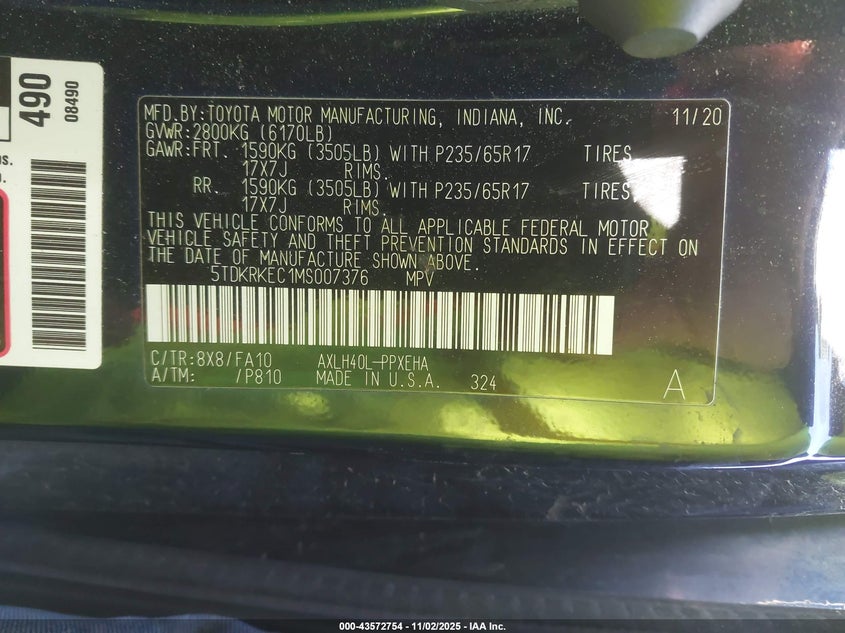 2021 Toyota Sienna Le VIN: 5TDKRKEC1MS007376 Lot: 43572754