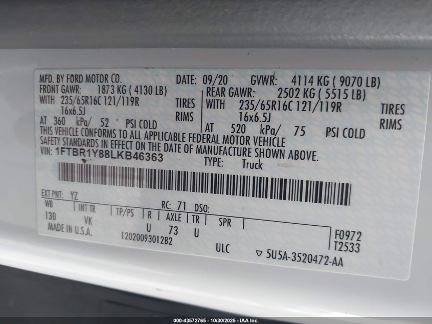 2020 Ford Transit-250 VIN: 1FTBR1Y88LKB46363 Lot: 43572765