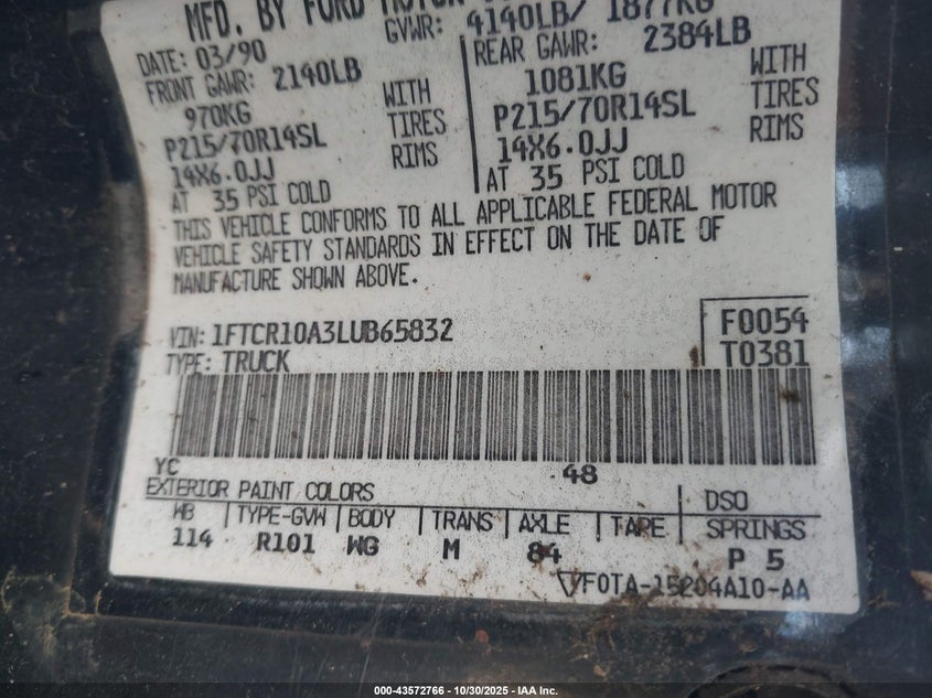 1990 Ford Ranger VIN: 1FTCR10A3LUB65832 Lot: 43572766