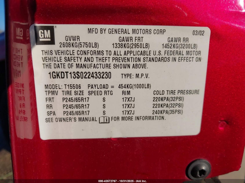 2002 GMC Envoy Slt VIN: 1GKDT13S022433230 Lot: 43572767
