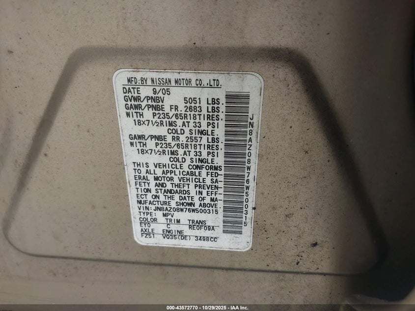 2006 Nissan Murano Sl VIN: JN8AZ08W76W500315 Lot: 43572770