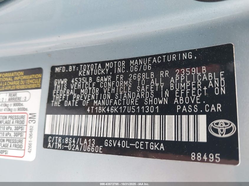 2007 Toyota Camry Xle V6 VIN: 4T1BK46K17U511301 Lot: 43572785