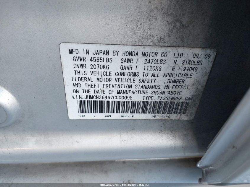 2007 Honda Accord Hybrid VIN: JHMCN36467C000098 Lot: 43572786