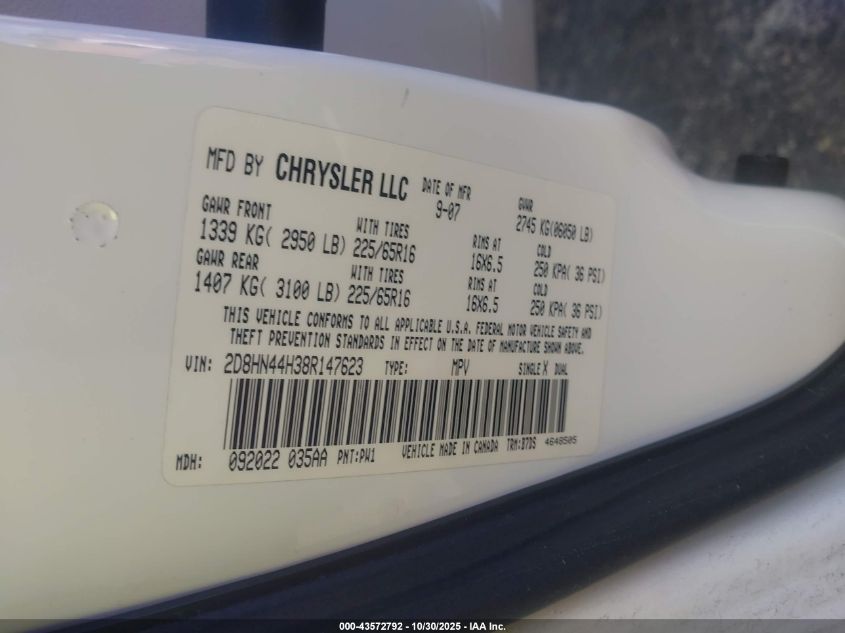 2008 Dodge Grand Caravan Se VIN: 2D8HN44H38R147623 Lot: 43572792