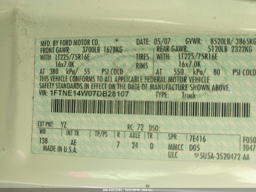 2007 Ford E-150 VIN: 1FTNE14W07DB28107 Lot: 43572793