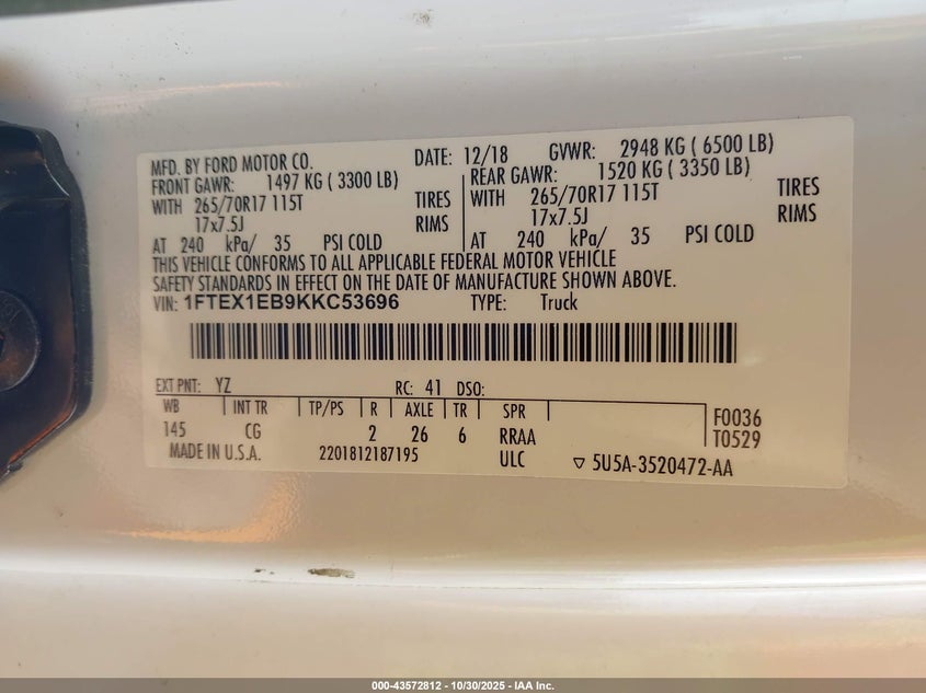 1FTEX1EB9KKC53696 2019 FORD F-150 photo no. 4