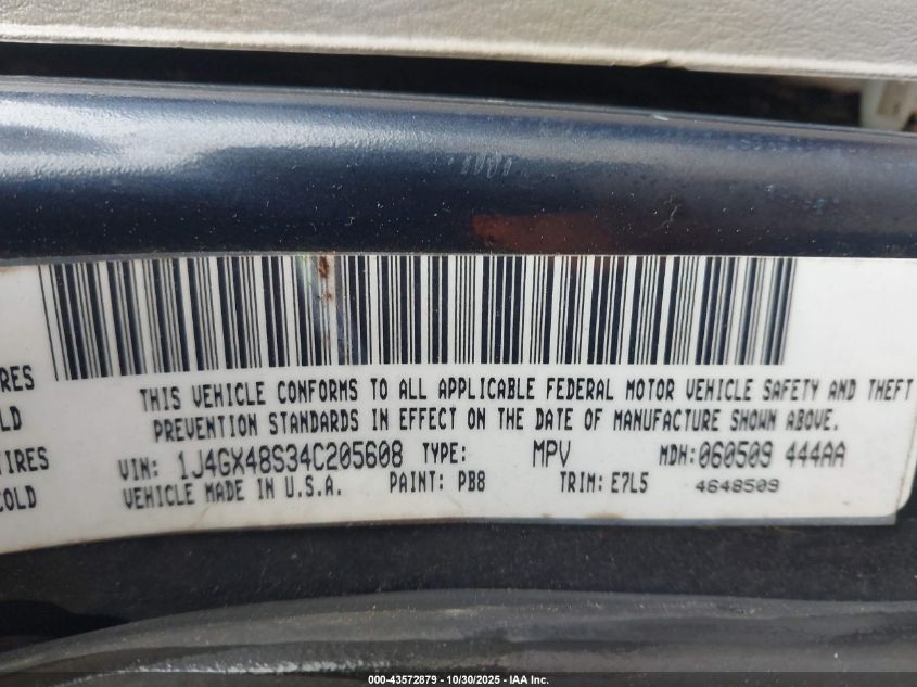 2004 Jeep Grand Cherokee VIN: 1J4GX48F34C205608 Lot: 43572879
