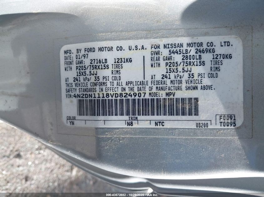 1997 Nissan Quest Gxe/Xe VIN: 4N2DN1118VD824907 Lot: 43572882