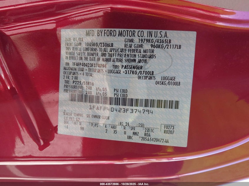 2003 Ford Mustang VIN: 1FAFP40423F374794 Lot: 43572886