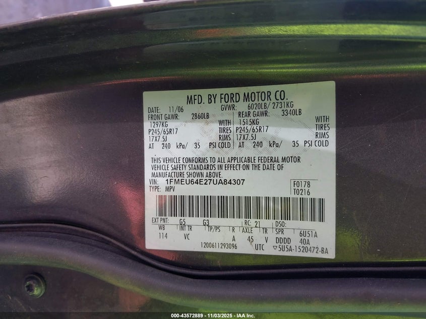 2007 Ford Explorer Eddie Bauer VIN: 1FMEU64E27UA84307 Lot: 43572889