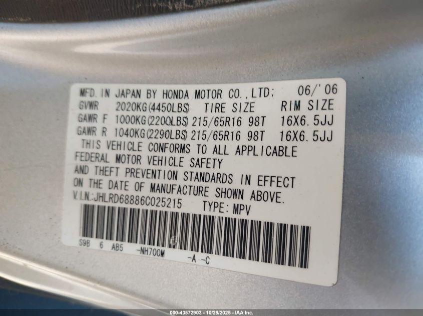 2006 Honda Cr-V Ex VIN: JHLRD68886C025215 Lot: 43572903