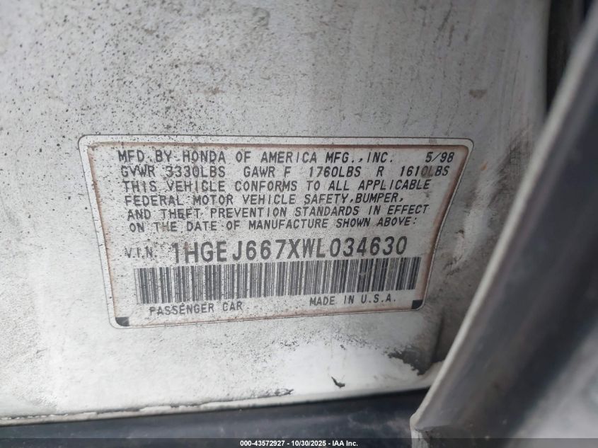 1998 Honda Civic Lx VIN: 1HGEJ667XWL034630 Lot: 43572927