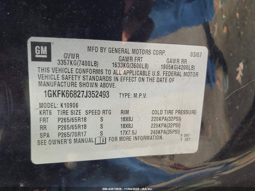 2007 GMC Yukon Xl 1500 Denali VIN: 1GKFK66827J352493 Lot: 43572929