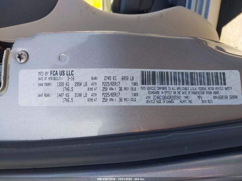 2016 Chrysler Town & Country Touring VIN: 2C4RC1BG4GR297241 Lot: 43572936