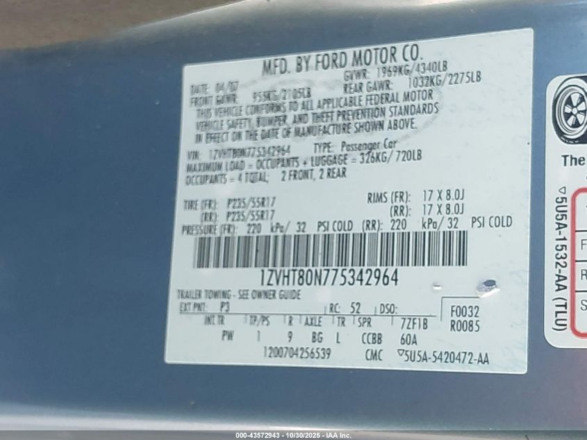 2007 Ford Mustang V6 Deluxe/V6 Premium VIN: 1ZVHT80N775342964 Lot: 43572943