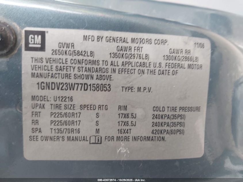 2007 Chevrolet Uplander Ls VIN: 1GNDV23W77D158053 Lot: 43572974