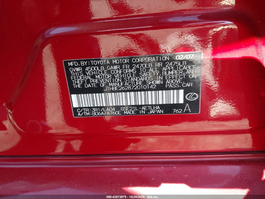 2007 Lexus Is 350 VIN: JTHBE262872010142 Lot: 43572979