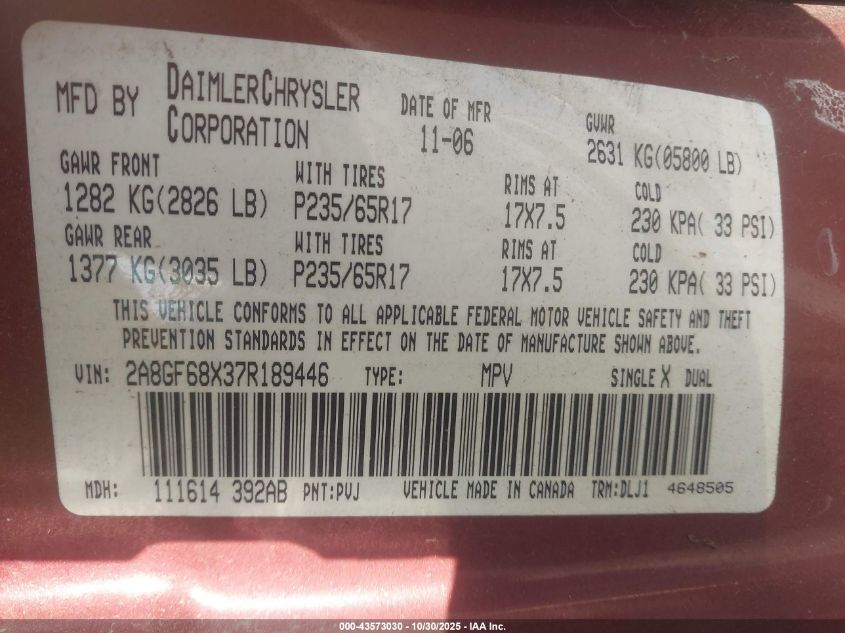 2007 Chrysler Pacifica Touring VIN: 2A8GF68X37R189446 Lot: 43573030