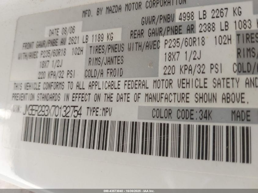 2007 Mazda Cx-7 Sport VIN: JM3ER293X70132754 Lot: 43573040