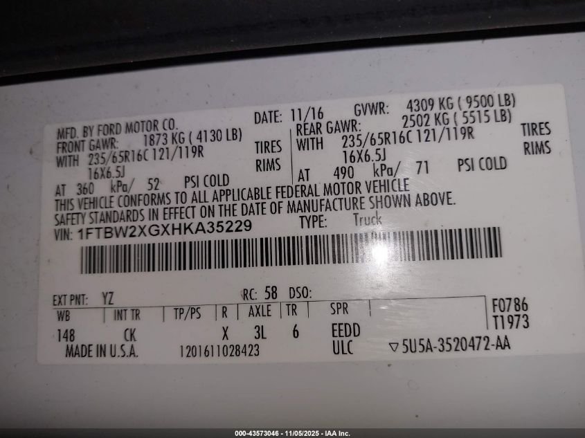 2017 Ford Transit-350 VIN: 1FTBW2XGXHKA35229 Lot: 43573046