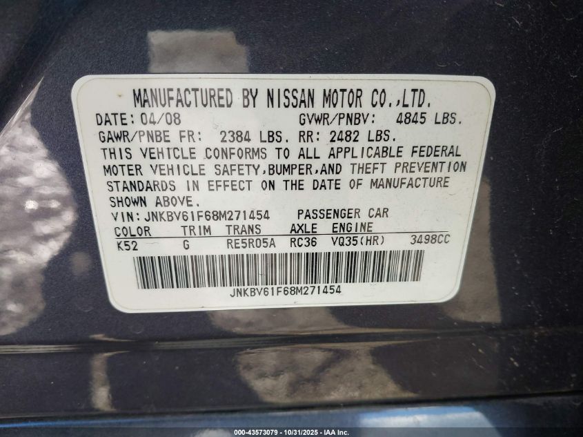 2008 Infiniti G35X VIN: JNKBV61F68M271454 Lot: 43573079
