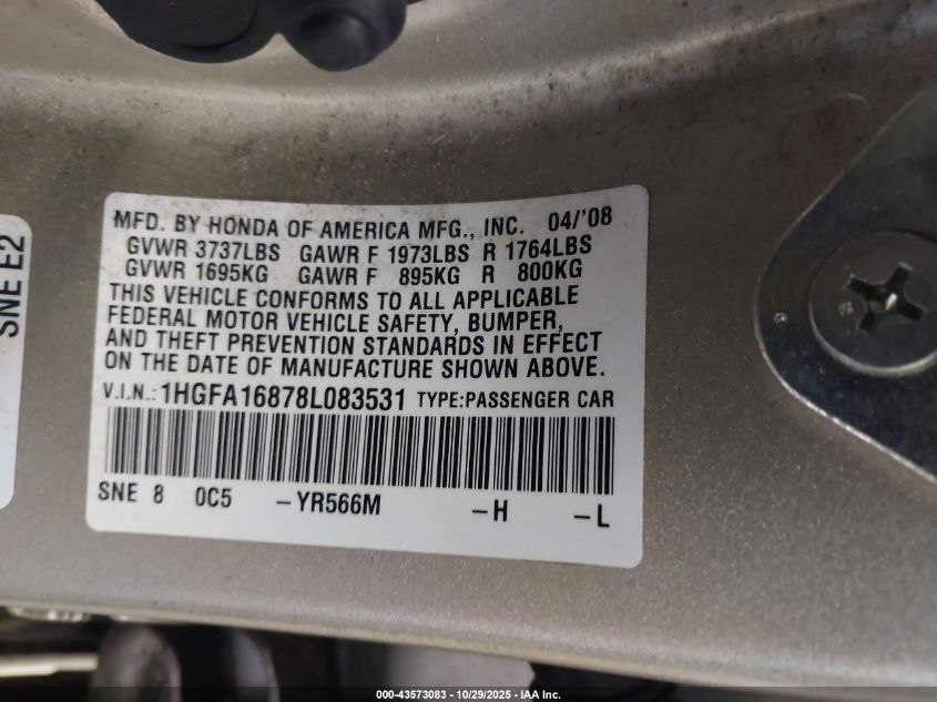 2008 Honda Civic Ex VIN: 1HGFA16878L083531 Lot: 43573083