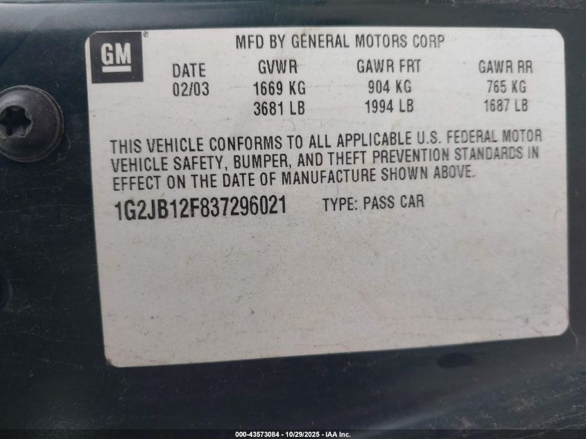 2003 Pontiac Sunfire VIN: 1G2JB12F837296021 Lot: 43573084