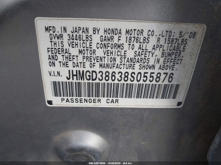 2008 Honda Fit Sport VIN: JHMGD38638S055876 Lot: 43573089