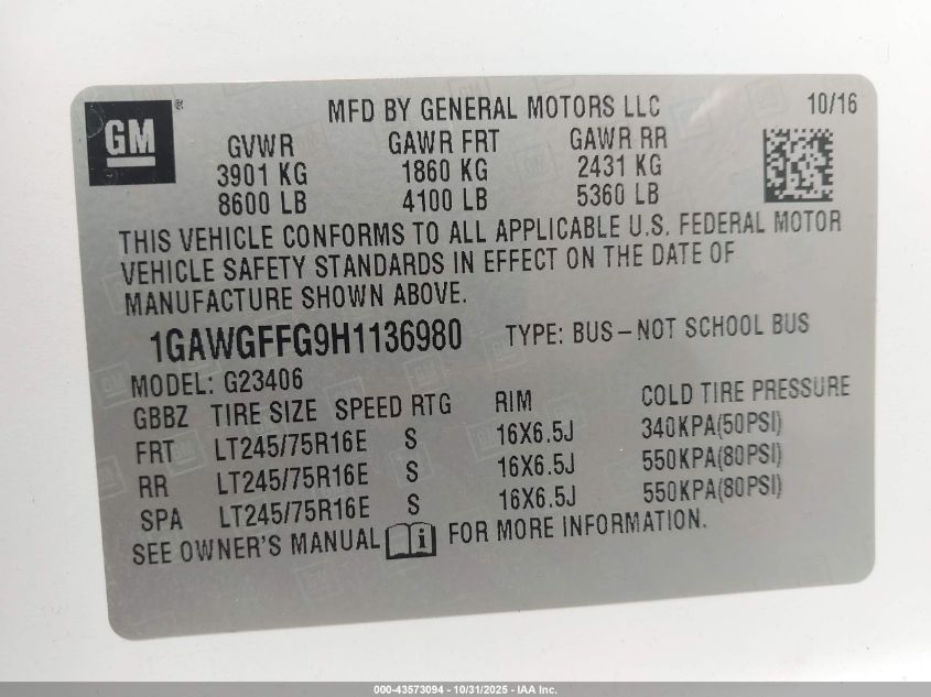 2017 Chevrolet Express 2500 Lt VIN: 1GAWGFFG9H1136980 Lot: 43573094