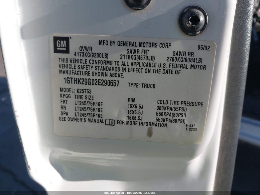 2002 GMC Sierra 2500Hd Sle VIN: 1GTHK29G02E290657 Lot: 43573109