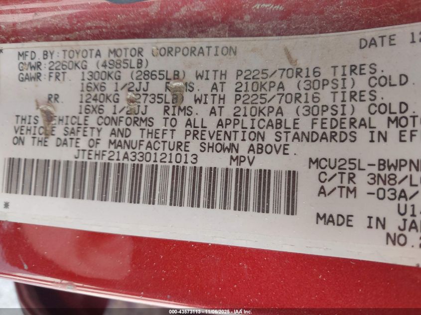 2003 Toyota Highlander Limited V6 VIN: JTEHF21A330121013 Lot: 43573113