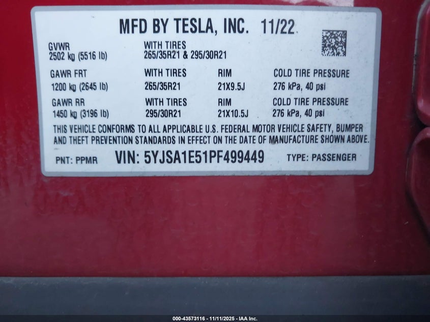 2023 Tesla Model S Dual Motor All-Wheel Drive/Standard Range VIN: 5YJSA1E51PF499449 Lot: 43573116