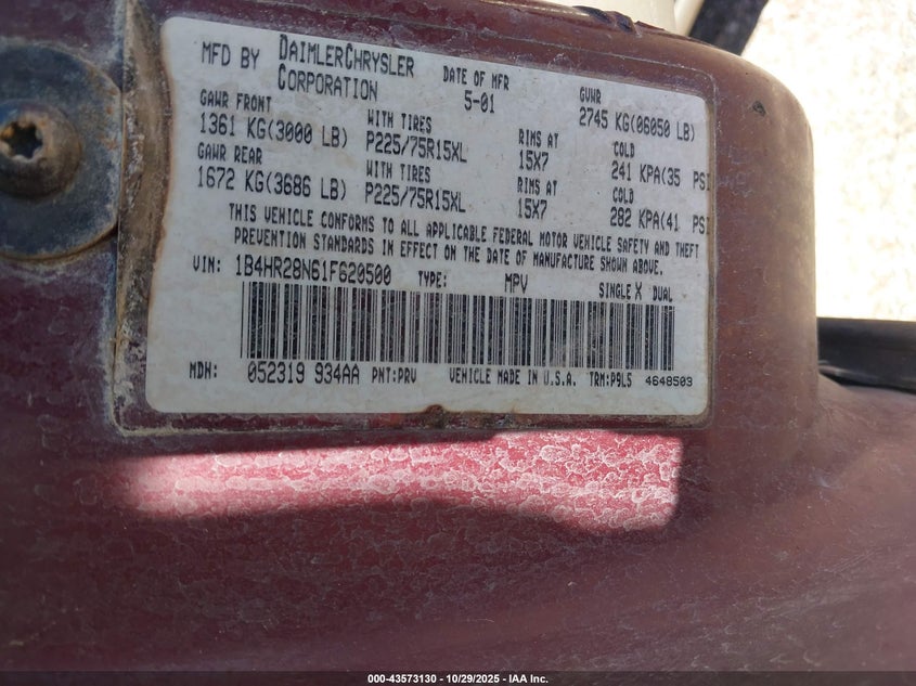 2001 Dodge Durango VIN: 1B4HR28N61F620500 Lot: 43573130