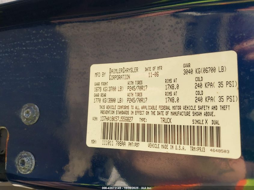 2007 Dodge Ram 1500 St VIN: 1D7HA18K57J556827 Lot: 43573149
