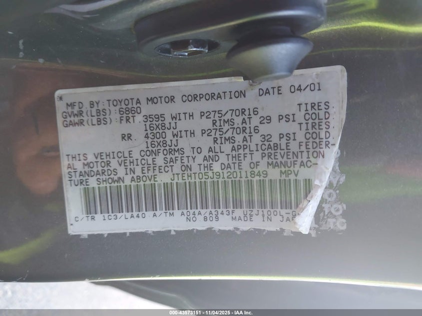 2001 Toyota Land Cruiser VIN: JTEHT05J912011849 Lot: 43573151