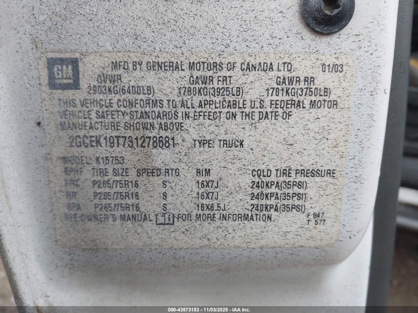 2003 Chevrolet Silverado 1500 Ls VIN: 2GCEK19T731278681 Lot: 43573153