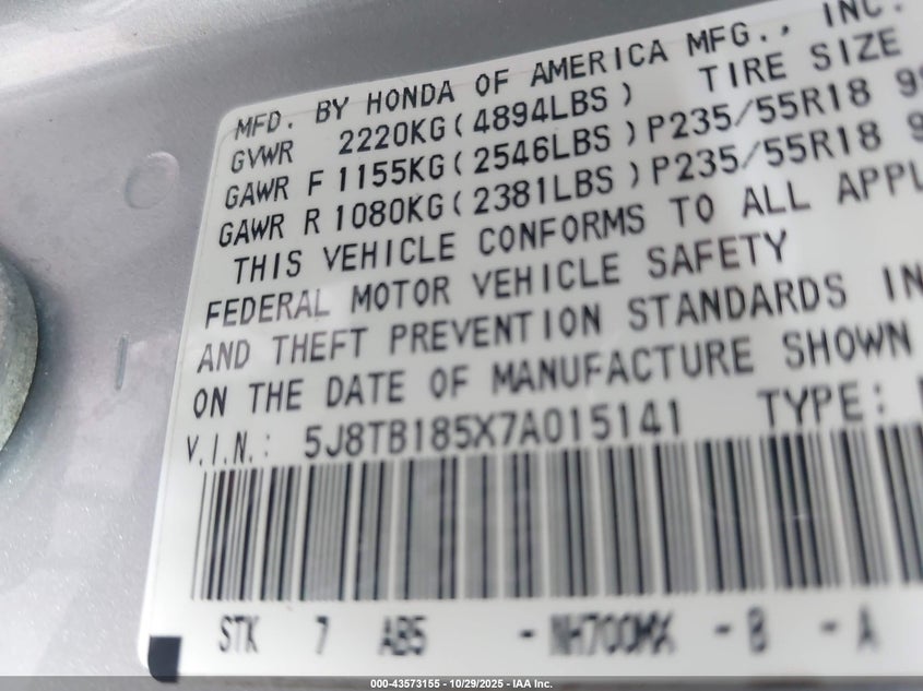 2007 Acura Rdx VIN: 5J8TB185X7A015141 Lot: 43573155