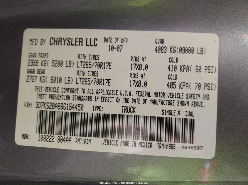 2008 Dodge Ram 2500 Slt/Power Wagon VIN: 3D7KS28A88G154450 Lot: 43573156