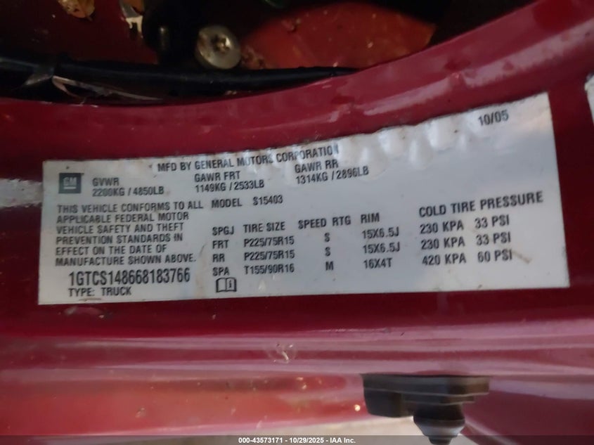 2006 GMC Canyon Sle1 VIN: 1GTCS148668183766 Lot: 43573171