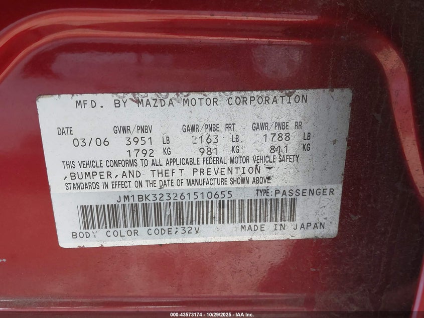 2006 Mazda Mazda3 S VIN: JM1BK323261510655 Lot: 43573174