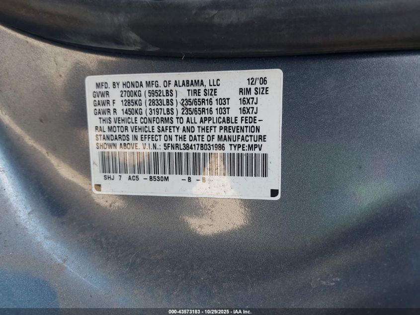 2007 Honda Odyssey Ex VIN: 5FNRL38417B031986 Lot: 43573183