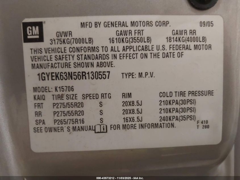 2006 Cadillac Escalade Standard VIN: 1GYEK63N56R130557 Lot: 43573212
