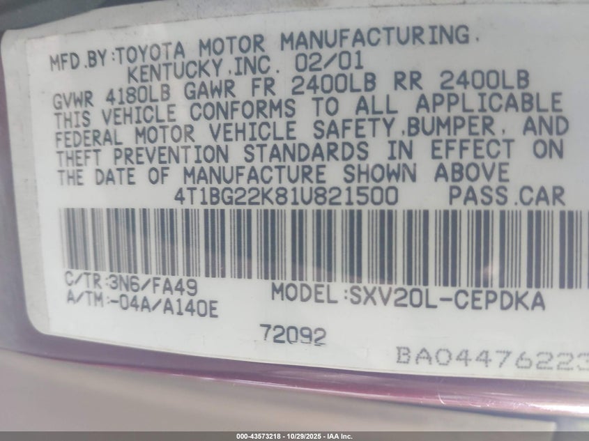 4T1BG22K81U821500 2001 TOYOTA CAMRY photo no. 9